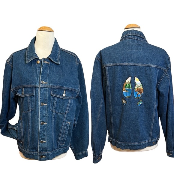 VTG Wrangler Hero Blue Denim Jacket, Custom moose hooves embroidered patch sz M - Picture 1 of 15